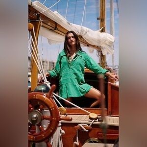 Free People Checkin' In Mini Green Button Collared Neck Free-Est Dress S **IR**